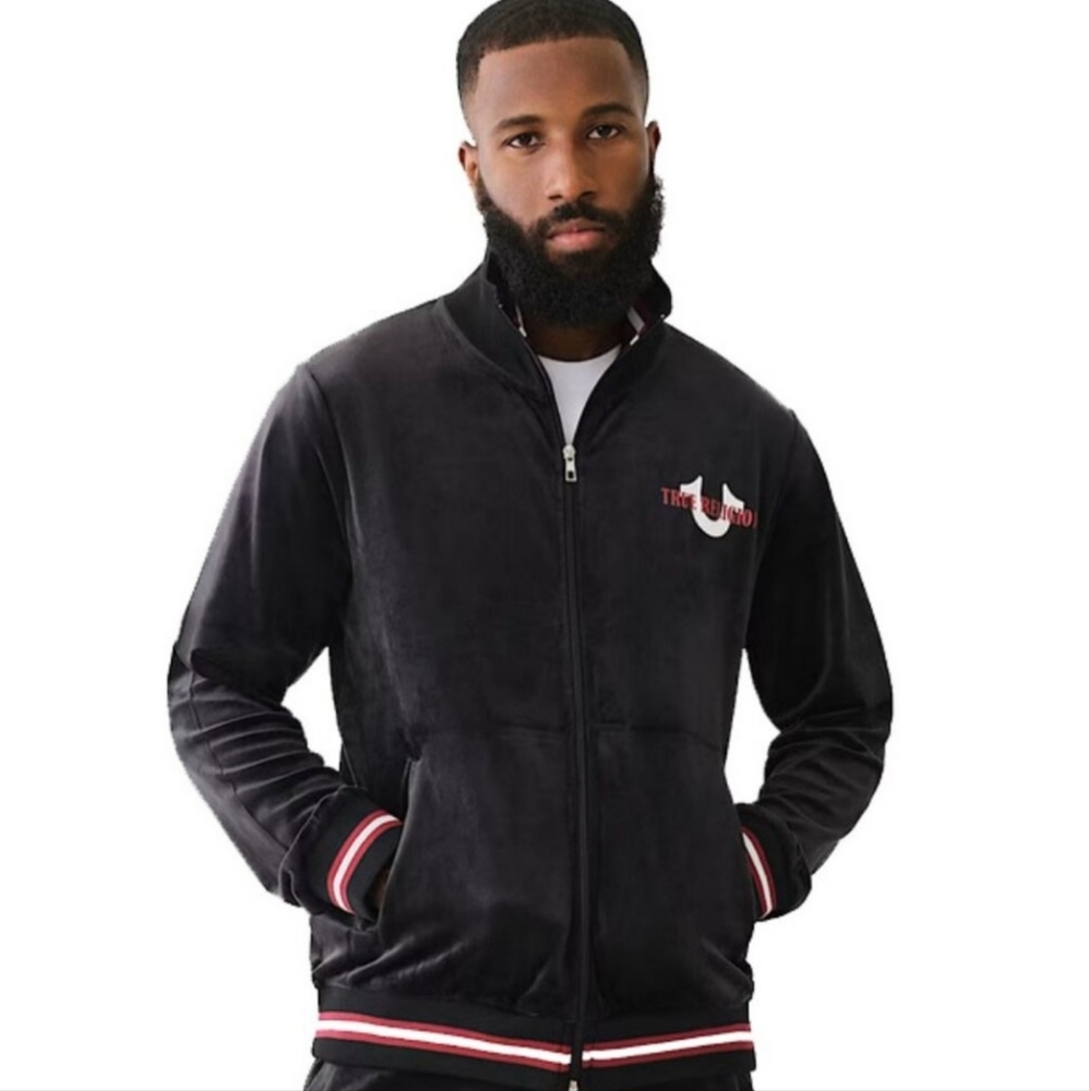 NWT True Religion "Velour World Tour Track Jacket" Black Graphic | Men's Size L - Picture 1 of 12